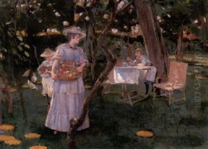 In Der Sommerfrische - Mutter Mit Zwei Kindern Unter Baumen Im Garten by Eugene Klinckenberg