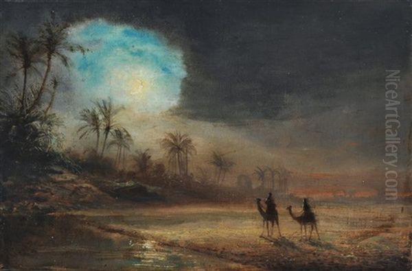 Afrikanische Fluslandschaft Mit Kamelreitern Im Mondschein - view 1