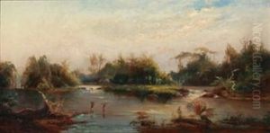African Landscape With Two Men Crossing A River