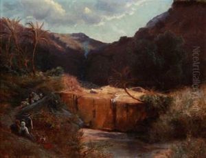 Landscape With Palm Trees And Men Resting