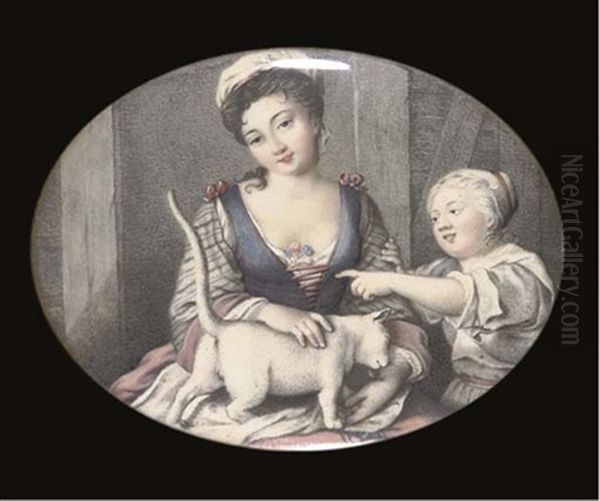 A Mother And Child Seated In An Interior With A Cat - view 1