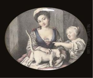 A Mother And Child Seated In An Interior With A Cat by Karl-Gustav Klingstedt
