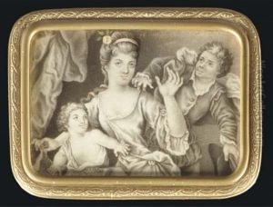 A Young Lady With Pink Rose And Band In Her Long Hair, Seated Holding A Musical Score With A Child With Loose Robes, A Gentleman Holding A Hat In His Left Hand Reaching For The Lady's Shoulder by Karl-Gustav Klingstedt