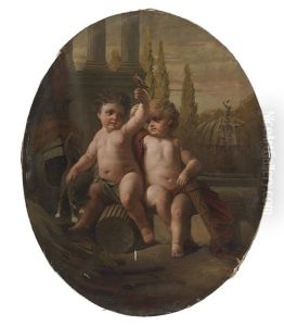 Putti Frolicking In A Classical Garden With Armor, A Cat And A Bird