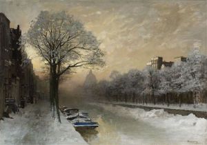 A Winter View Of The Singel With The Lutherse Kerk In Amsterdam by Johannes Christiaan Karel Klinkenberg