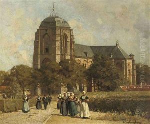 Kerkgangers In Zeeuwse Klederdracht Bij De Grote Kerk In Veere