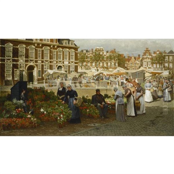 A View Of The Grote Markt In The Hague, Towards The Boterwaag And The Prinsengracht, With Scheveningen Women Buying Flowers - view 1