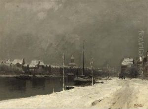 View Of The Weesperzijde With Het Paleis Van De Volksvlijt In The Distance, Amsterdam by Johannes Christiaan Karel Klinkenberg