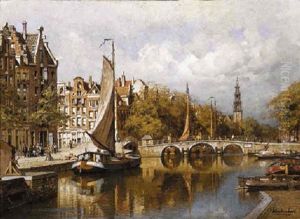 A View Of The Prinsengracht, Amsterdam, With The Westertoren In The Distance by Johannes Christiaan Karel Klinkenberg