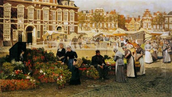 A View On The Grotte Markt In The Hague, Towards The Boterwaag And The Prinsengracht, With Scheveningen Women Buying Flowers - view 1