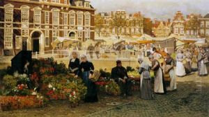 A View On The Grotte Markt In The Hague, Towards The Boterwaag And The Prinsengracht, With Scheveningen Women Buying Flowers