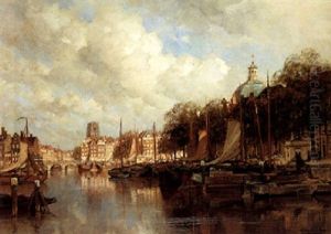 Moored Boats In A Canal, Rotterdam by Johannes Christiaan Karel Klinkenberg