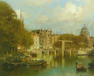 A Sunlit Canal In Amsterdam With The St. Nicolas Kerk In The Distance