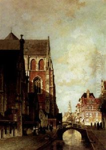 Figures Along A Canal In A Dutch Town by Johannes Christiaan Karel Klinkenberg