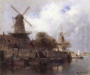 A View Of A Dutch Town With Barges Moored Beside The Harbour Wall by Johannes Christiaan Karel Klinkenberg