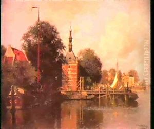 A View Of The Pierkade, Alk- Maar, With The `accijnstoren'  And Moored Sailing Vessels By A Jetty.