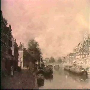Moored House-boats And Aken In A Canal, Schiedam by Johannes Christiaan Karel Klinkenberg