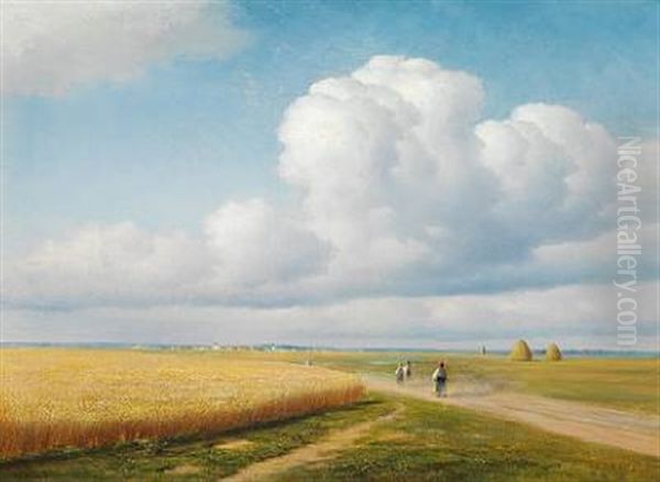 Russian Harvest Landscape With Women On The Road Returning To The Village In The The Background - view 1