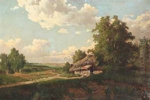 Russian Summer Landscape With A Hut, In The Background A Larger City