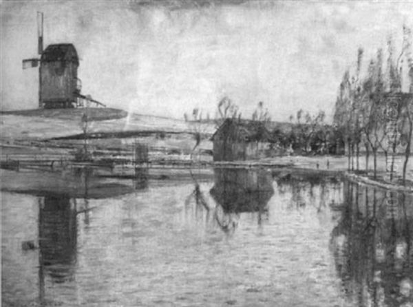 Spring's Reflection, Landscape With Windmill And Figures - view 1