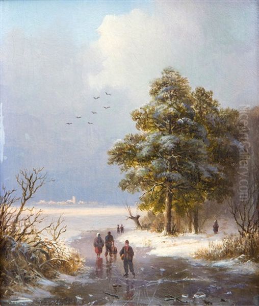 A View Of A Rhine Landscape In Summer; Ice Skaters On A Frozen River - view 1