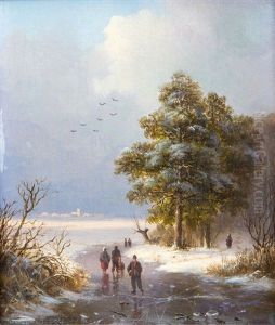 A View Of A Rhine Landscape In Summer; Ice Skaters On A Frozen River by Johann Bernard Klombeck