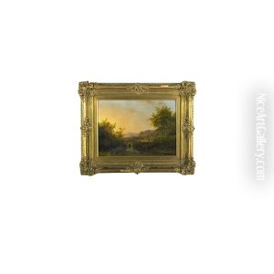 Oil On Panel Mountainous River Landscape With Bridge (framed) by Johann Bernard Klombeck
