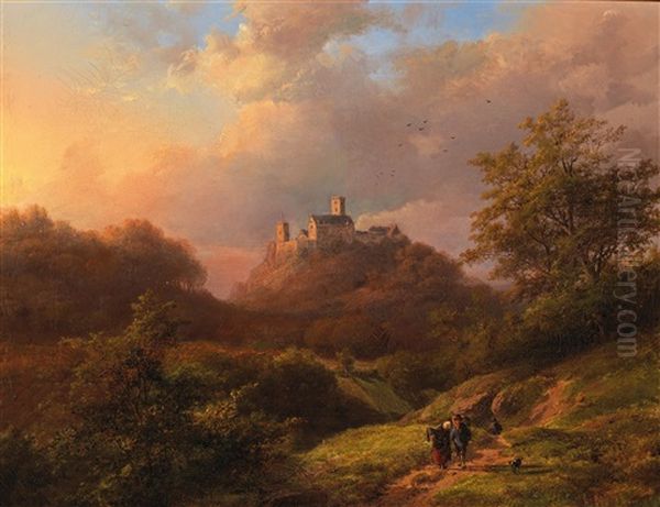 Open Landscape With Walkers And A Castle In The Background - view 1