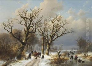 A Winter Landscape With Numerous Figures On The Ice by Johann Bernard Klombeck