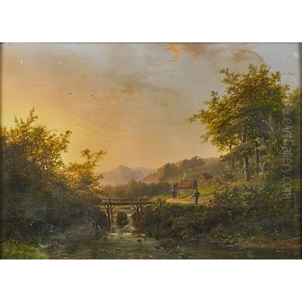 Mountainous River Landscape With Bridge - view 1