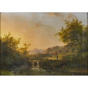 Mountainous River Landscape With Bridge by Johann Bernard Klombeck