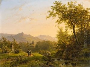 Landscape With A Stream At Sunset by Johann Bernard Klombeck