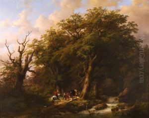 Bebost Rivierlandschap Met Ruiter En Herder Bij Brug