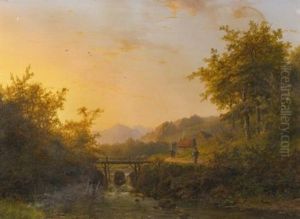 Landscape With Peasants Walking Near A River At Dusk by Johann Bernard Klombeck