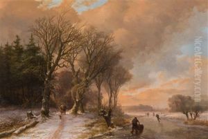 Summer: Cows Drinking From A Stream In A Wooded Landscape (+ Winter: Walkers On A Snow Covered Forest Path And Skaters On The Ice; 2 Works) by Johann Bernard Klombeck