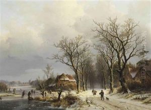 A Wooded Winter Landscape With Travelers On A Snow Covered Path And Skaters On The Ice by Johann Bernard Klombeck