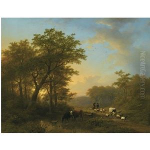 Herdsmen With Cattle On A Path In A Wooded Landscape by Johann Bernard Klombeck