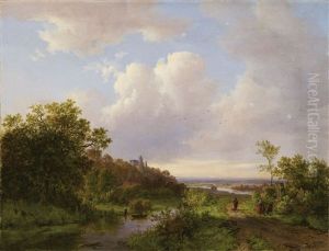 Sommerliche Flusslandschaft Mit Wanderern Sommerliche Flusslandschaft Mit Wanderern