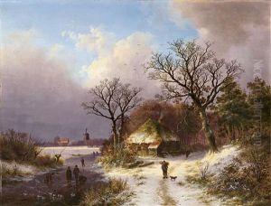 Winterlandschaft Mit Reisigsammler Und Schlittschuhlaufern