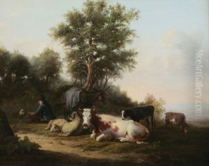 Schafer Mit Seinen Tieren Am Waldrand