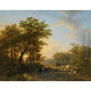 Figures And Cattle In A Landscape (collab. W/eugene Joseph Verboeckhoven)