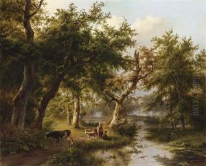 Figures And Cattle In A Sunlit Wooded Landscape (collab. W/eugene Joseph Verboeckhoven)