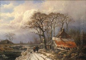 Peasants On A Snow-covered Lane by Johann Bernard Klombeck