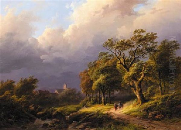 A Forest Landscape With Travellers On A Sandy Track In A Storm - view 1