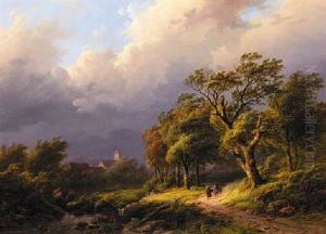 A Forest Landscape With Travellers On A Sandy Track In A Storm by Johann Bernard Klombeck