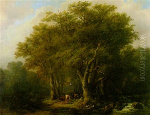 Waldlandschaft Mit Einem Bauernpaar Und Seiner Kuhherde Auf Dem Weg - view 1