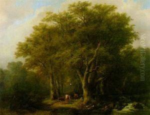 Waldlandschaft Mit Einem Bauernpaar Und Seiner Kuhherde Auf Dem Weg Waldlandschaft Mit Einem Bauernpaar Und Seiner Kuhherde Auf Dem Weg