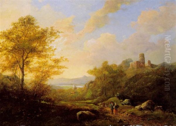 Landschaft Am Flussufer Mit Burgruine Und Figurlicher Staffage - view 1