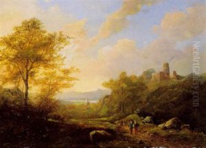 Landschaft Am Flussufer Mit Burgruine Und Figurlicher Staffage by Johann Bernard Klombeck
