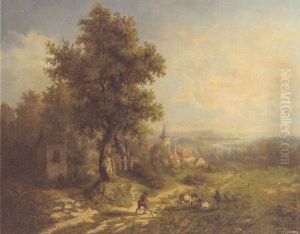 A Rhenish Landscape With A Huntsman On A Forest Track, A Herdsman Tending Cattle And A Woman By A Small Chapel, A Village In The Distance